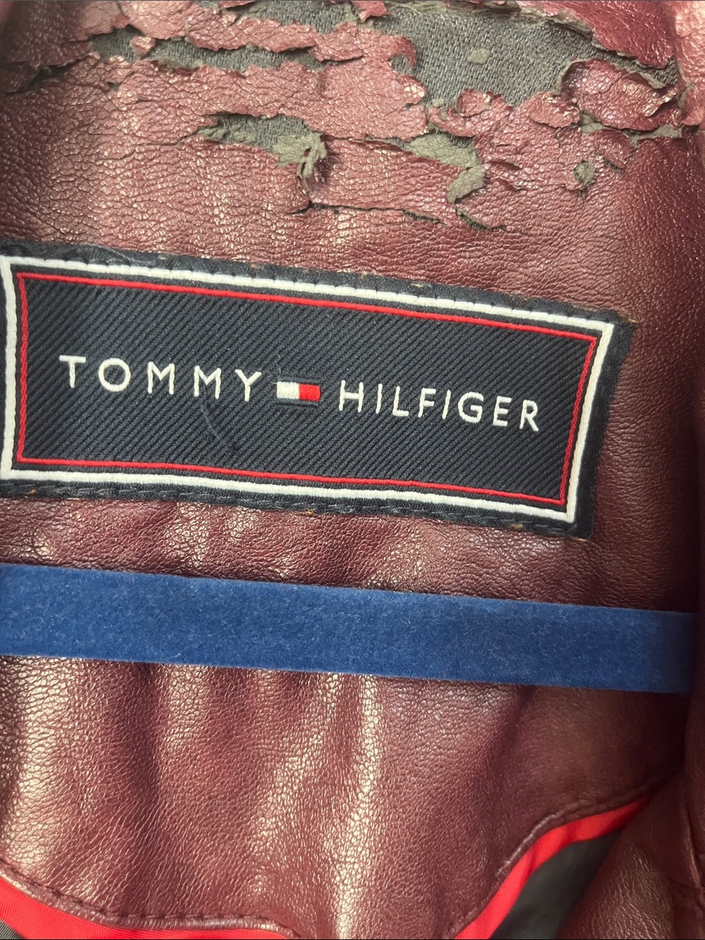 Tommy Hilfiger Burgundy Leather Jacket with Navy and Red Trim